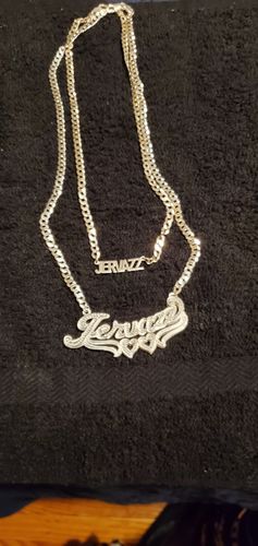Customer photo review of Double Plated Gothic Name Necklace with Figaro Chain