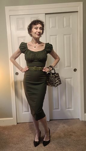 Customer photo review of Peasant Wiggle Dress in Olive Green - Vixen by Micheline Pitt