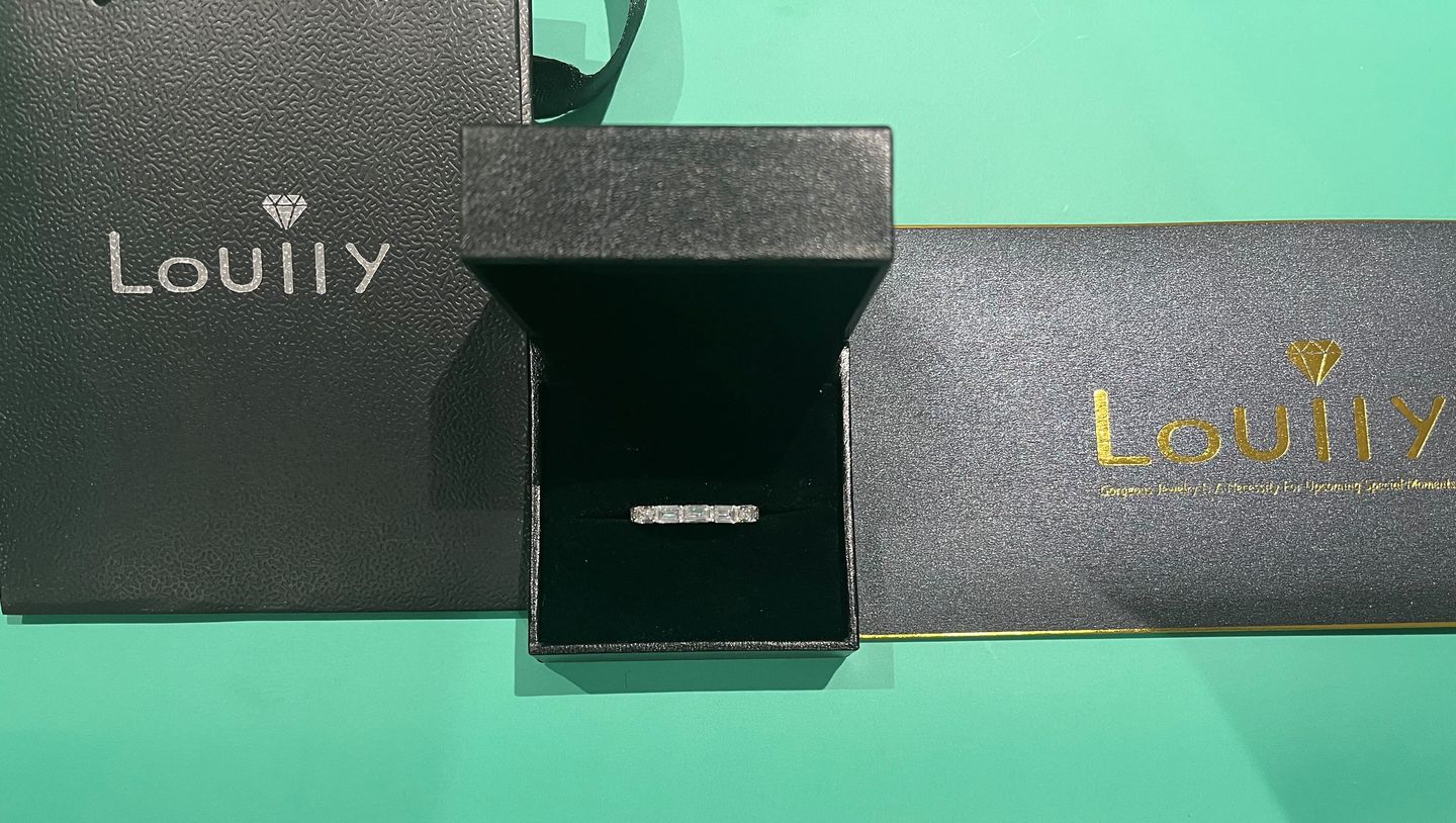 Customer photo review of Louily Exquisite Emerald Cut Women's Wedding Band In Sterling Silver