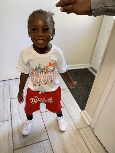 Customer photo review of Kids Burning Paradise Puff Print Crew Neck and Cotton Shorts Set - White Tees / Red Shorts