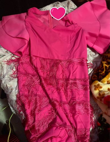 Customer photo review of Rose Red Ruffle Sleeve Cute Tiered Tassel Midi Dress