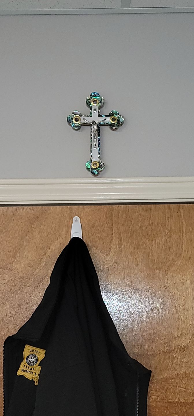 Customer photo review of Olive Wood Crucifix (Fully covered with Mother of Pearl) - Holy Land Crucifixes