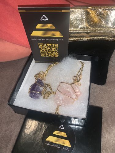 Customer photo review of Raw Amethyst/Rose Quartz Necklace