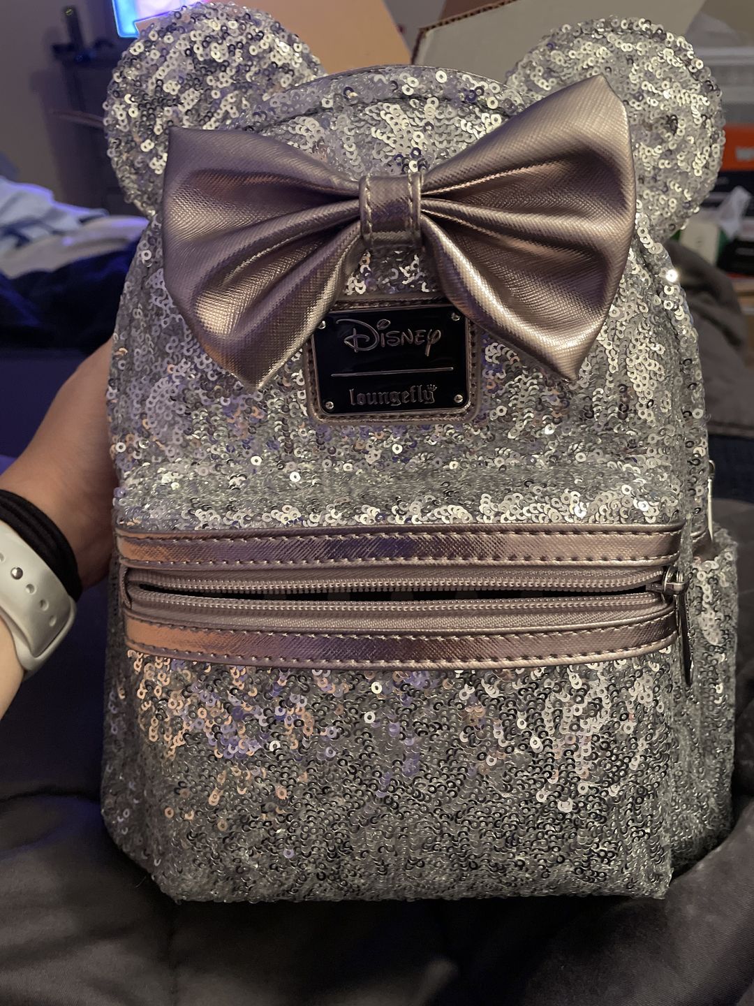 Customer photo review of 707 Street Exclusive - Disney Minnie Mouse Silver Sequin Mini Backpack - June Preorder