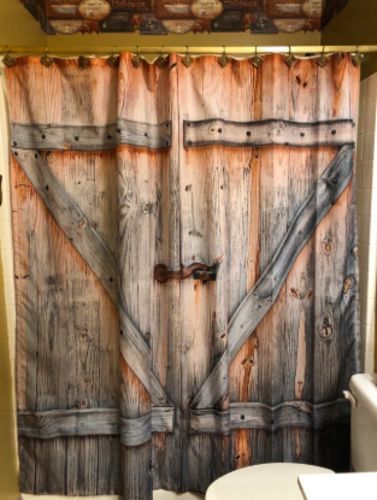 Customer photo review of Barn Doors Fabric Shower Curtain