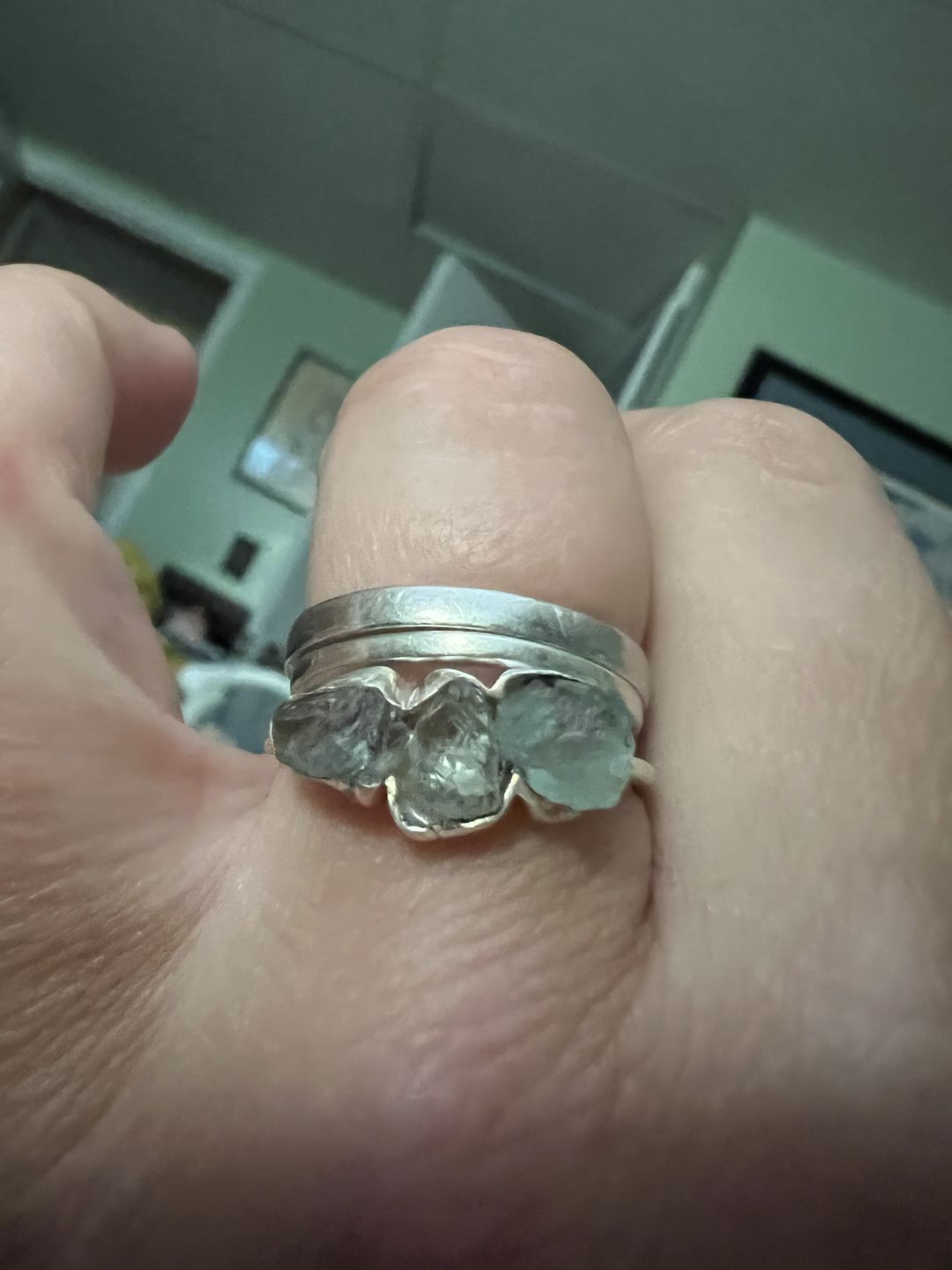 Customer photo review of Three Stone Raw Aquamarine Ring Sterling Silver