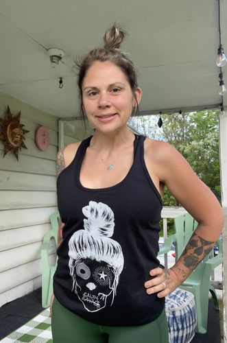 Customer photo review of Salty Savage™ Ladies Messy Bun Salty Skull Racerback Tank Top | Black