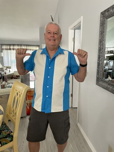 Customer photo review of Men's Cuban Collar 50's Retro Camp Bowling Blue Short Sleeve Shirt