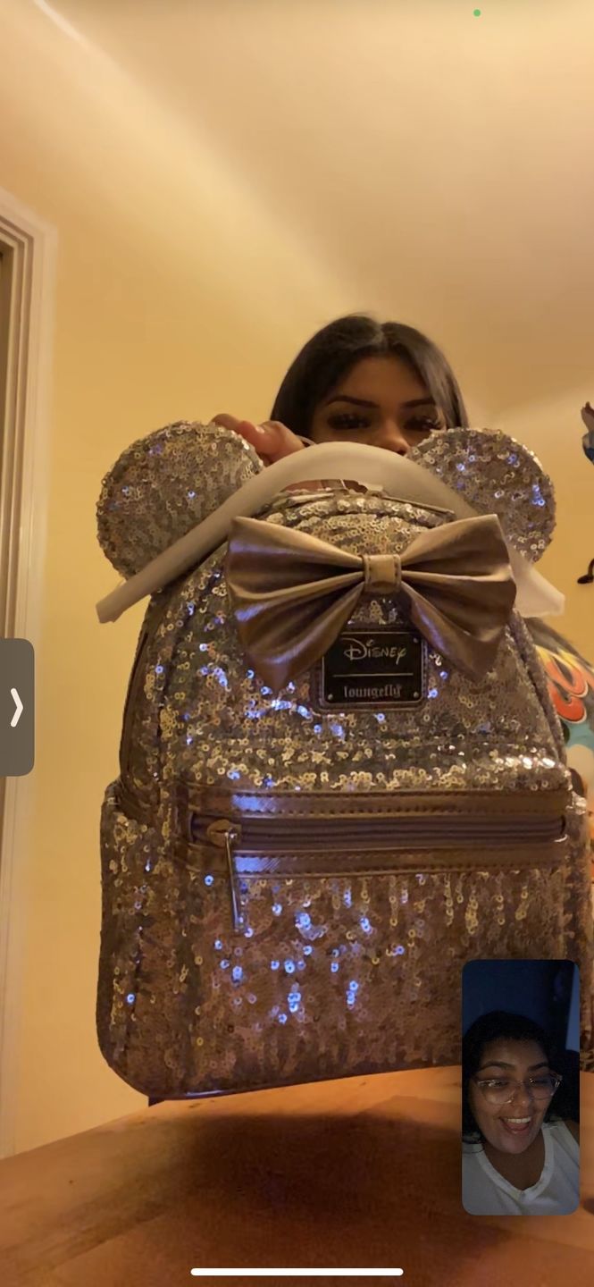 Customer photo review of 707 Street Exclusive - Disney Minnie Mouse Silver Sequin Mini Backpack - June Preorder