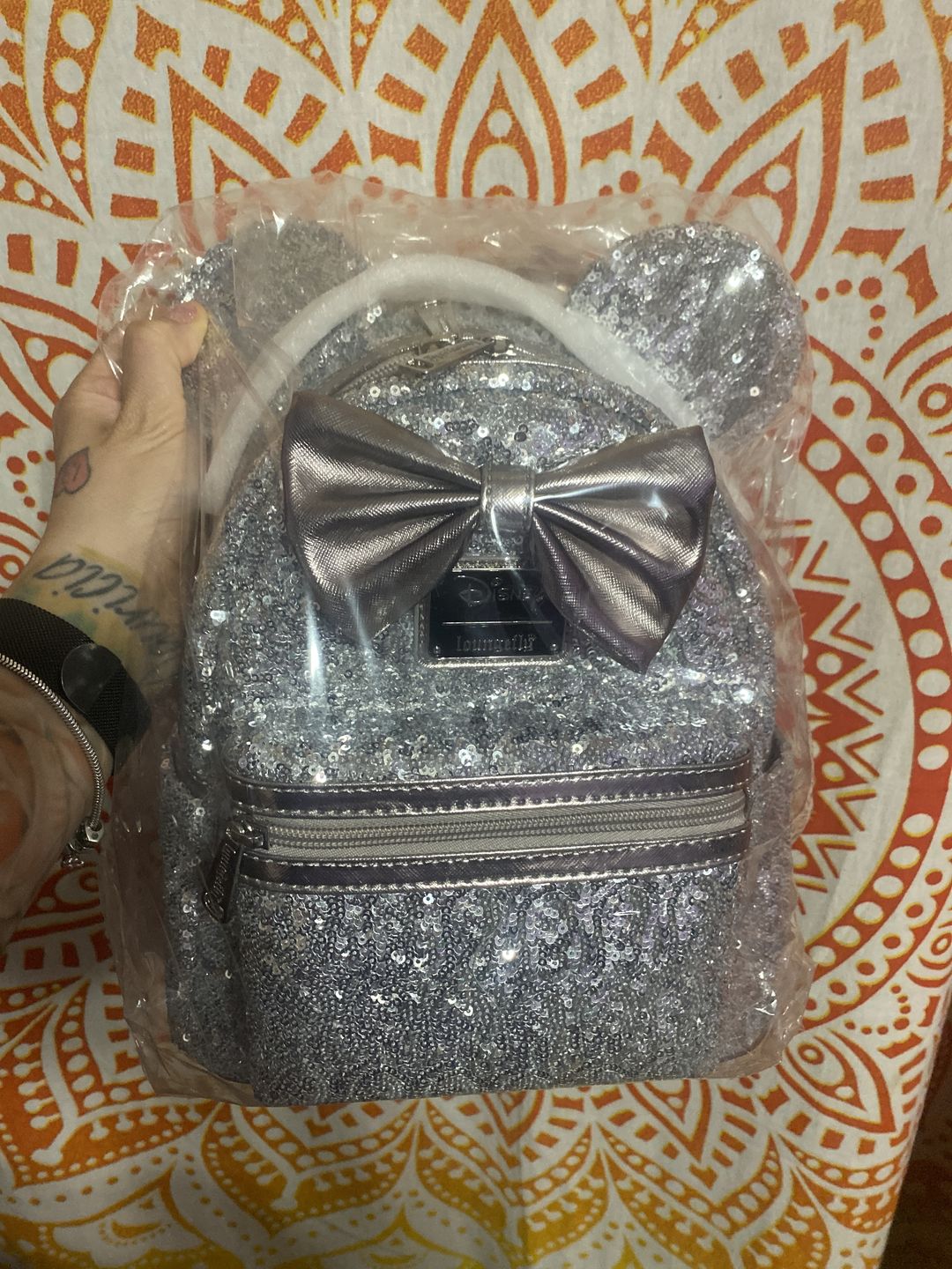 Customer photo review of 707 Street Exclusive - Disney Minnie Mouse Silver Sequin Mini Backpack - June Preorder