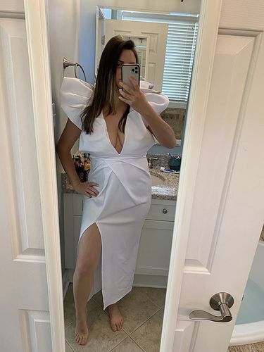 Customer photo review of White Deep V Neck Ruffles Sweet Backless Midi Dress