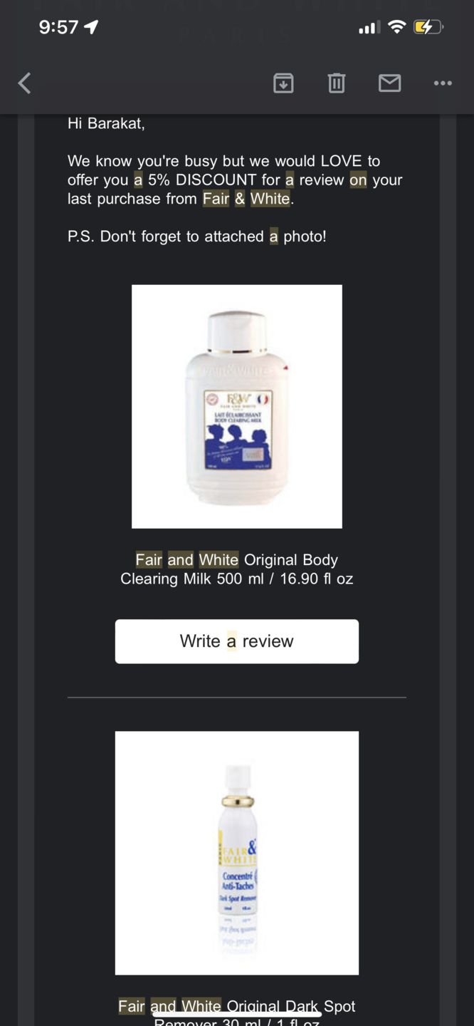 Customer photo review of Fair and White Original Body Clearing Milk Lotion 500 ml / 16.90 fl oz