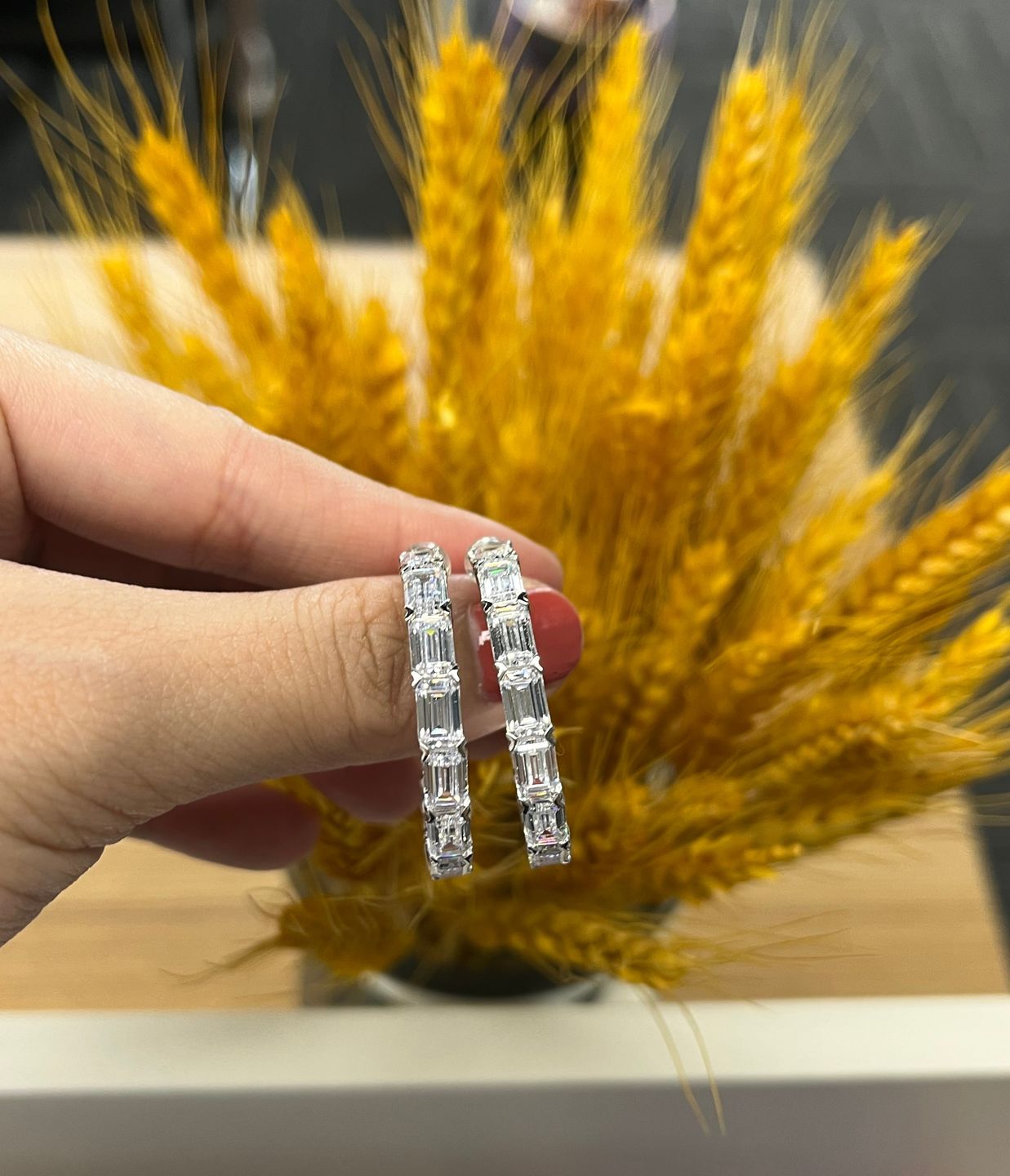 Customer photo review of Louily Sparkle Emerald Cut Women's Hoop Earrings In Sterling Silver