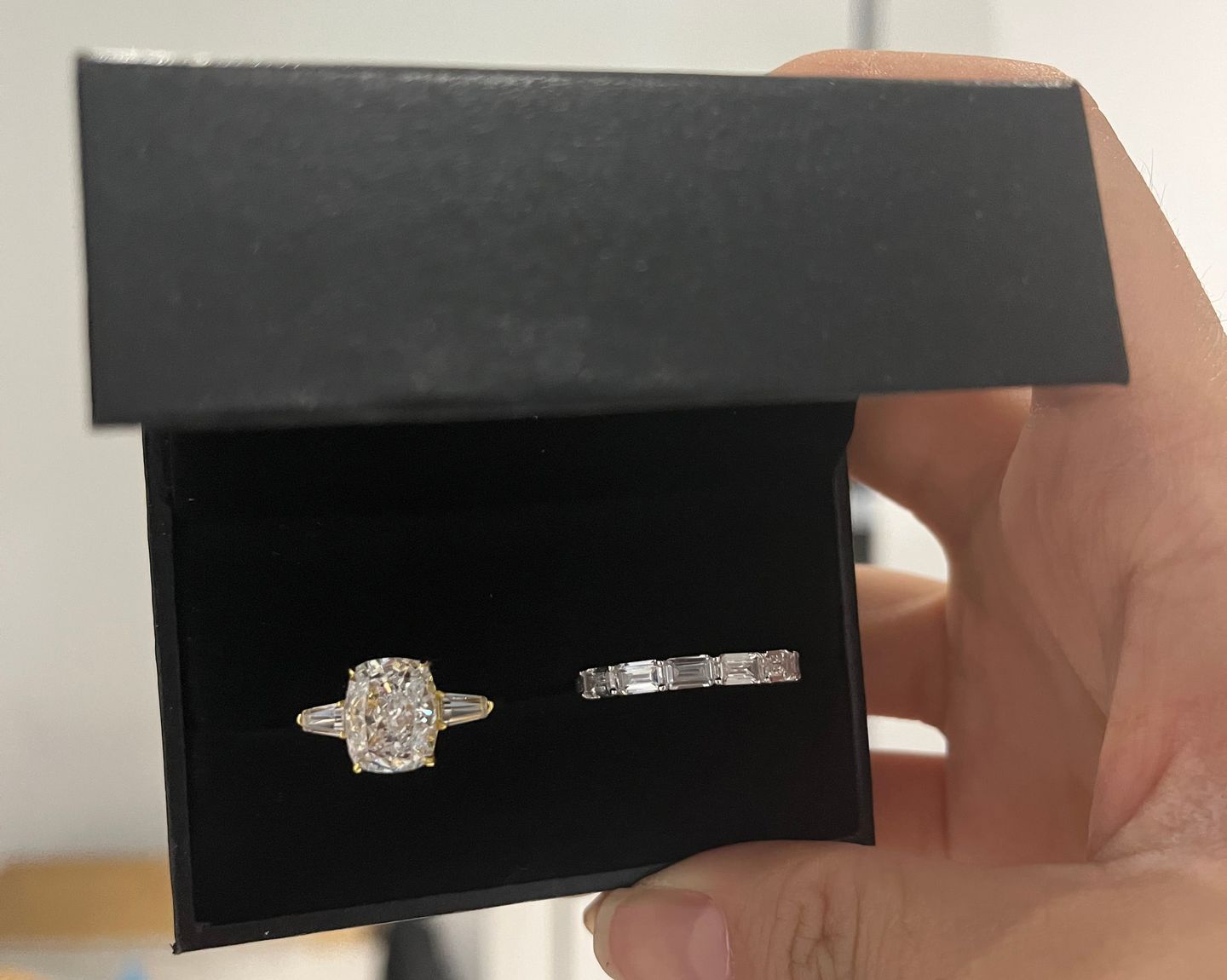 Customer photo review of Louily Exquisite White Gold Cushion Cut Three Stone Engagement Ring In Sterling Silver