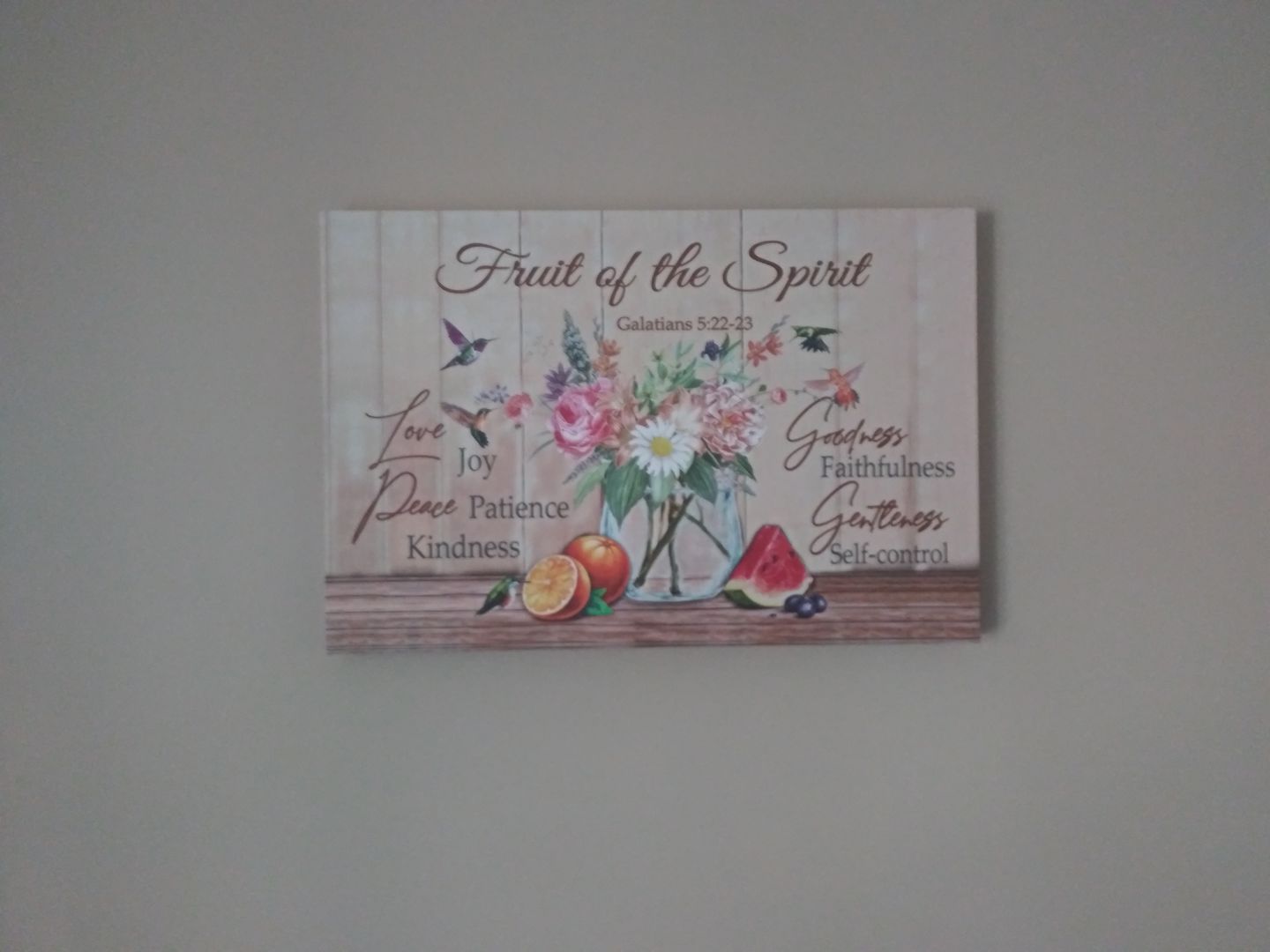 Customer photo review of Fruit of the Spirit Galatians 5:22-23 Bible verse wall art canvas