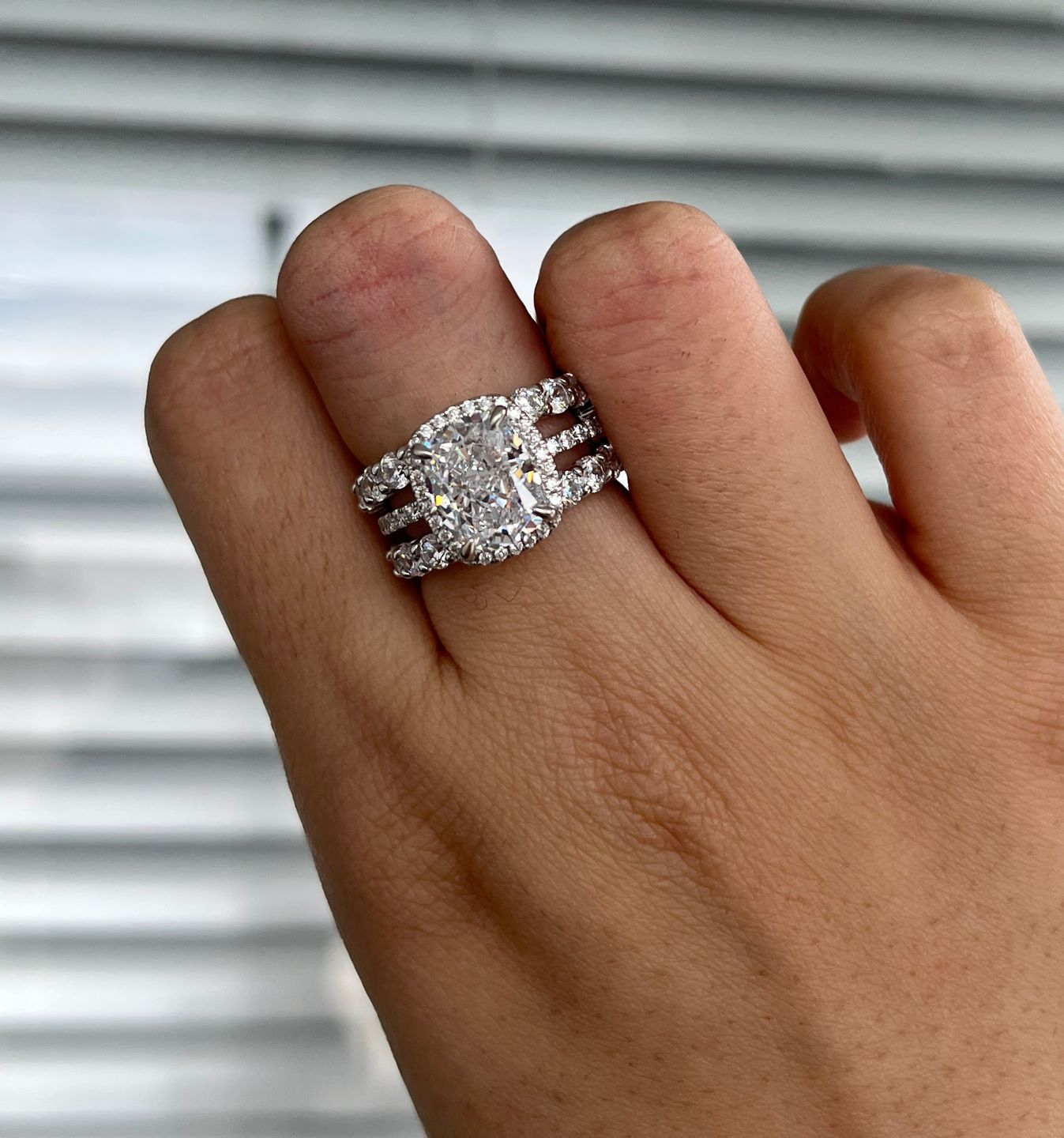 Customer photo review of S925 Gorgeous Halo 4.0Ct Cushion Cut Women's Wedding Set In Sterling Silver