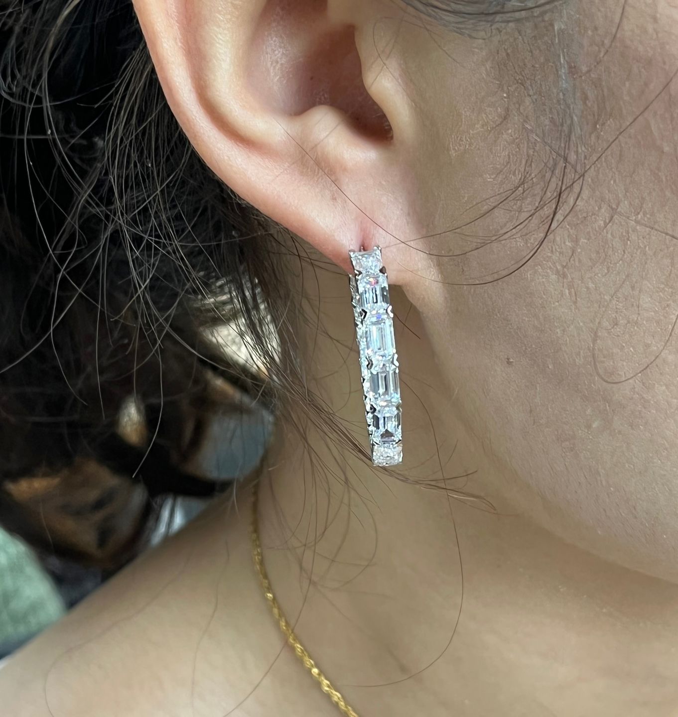 Customer photo review of Louily Sparkle Emerald Cut Women's Hoop Earrings In Sterling Silver