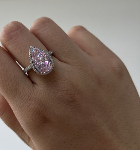 Customer photo review of Louily Halo Pear Cut Sona Simulated Diamond Pink Sapphire Engagement Ring In Sterling Silver