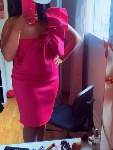Customer photo review of Solid Color Ruffle One Shoulder Sweet Bowknot Mini Dress