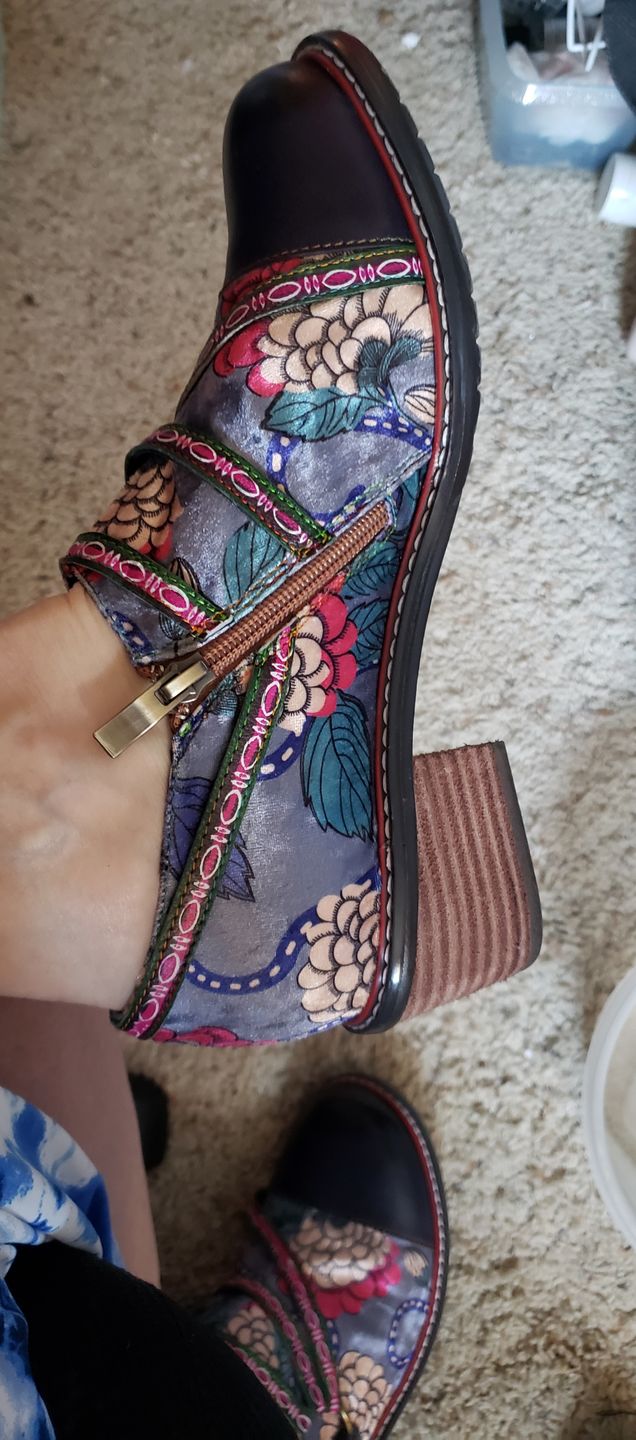 Customer photo review of Hand Painted Leather&Velvet Panels Flat Boots