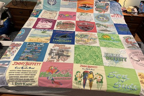 T-shirt quilt with beach life, tropical themes themes by Janice from IL
