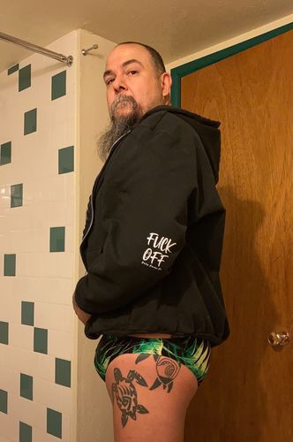 Customer photo review of Salty Savage™ Unisex OG Smile Classic Zip Up Hooded Sweatshirt | "Fuck Off" Edition | Black
