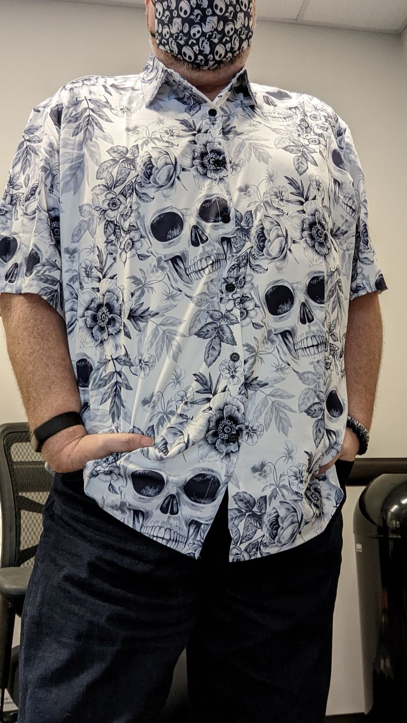 Customer photo review of Men's Skull Floral Print Casual Lapel Button Short Sleeve Shirt