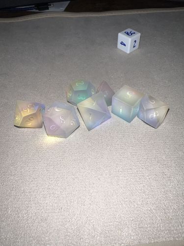Customer photo review of Raised Fantastic Glass DnD Dice Set Moon Dice