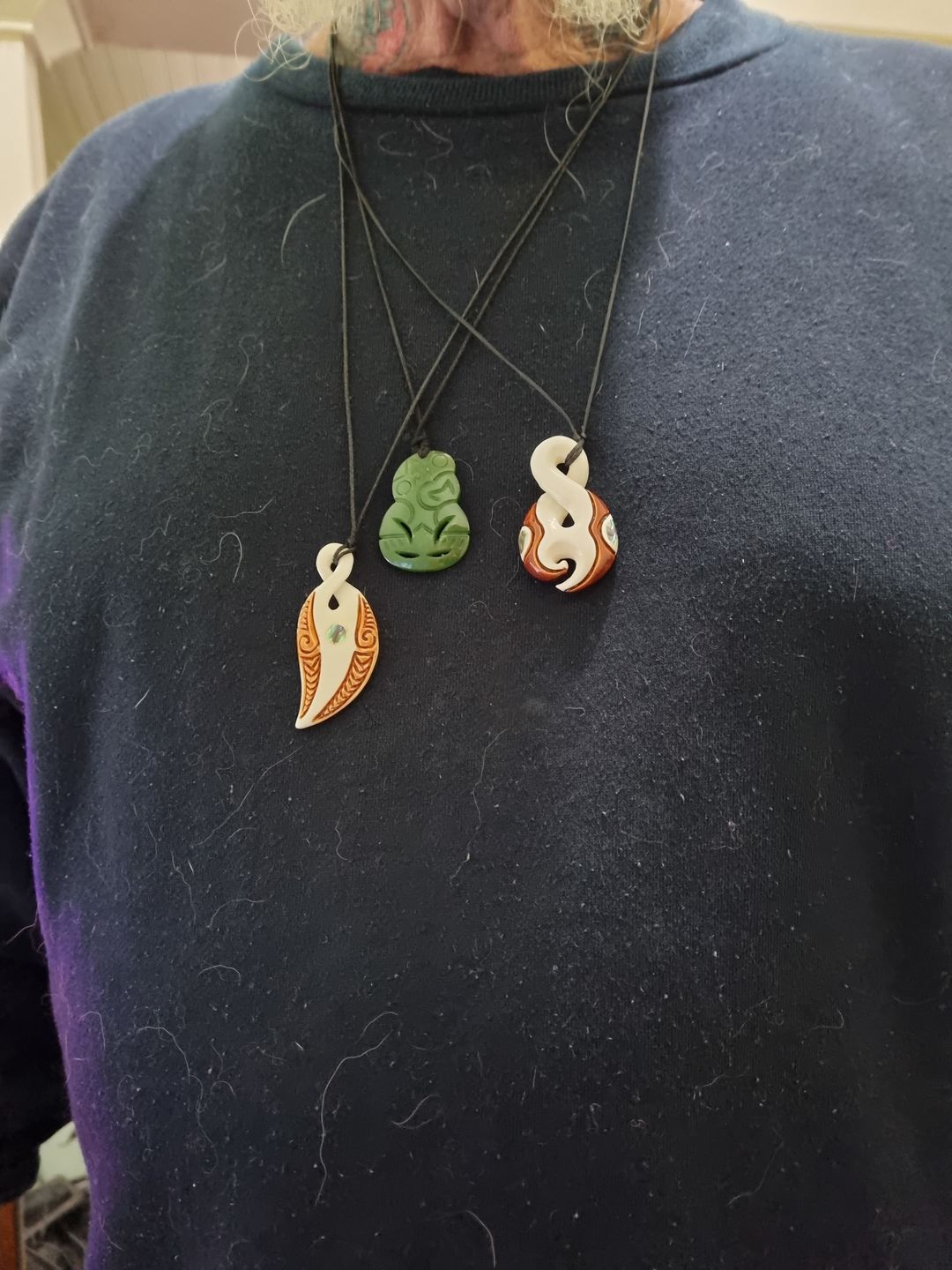 Customer photo review of Maori Bone Single Twist Necklace with Paua and Stain
