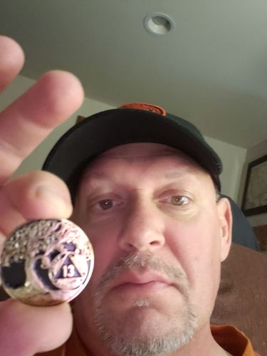 Customer photo review of 13 Year Sobriety Mint Twisted Tree of Life Gold Plated AA Recovery Medallion - Thirteen Year Chip/Coin - Black