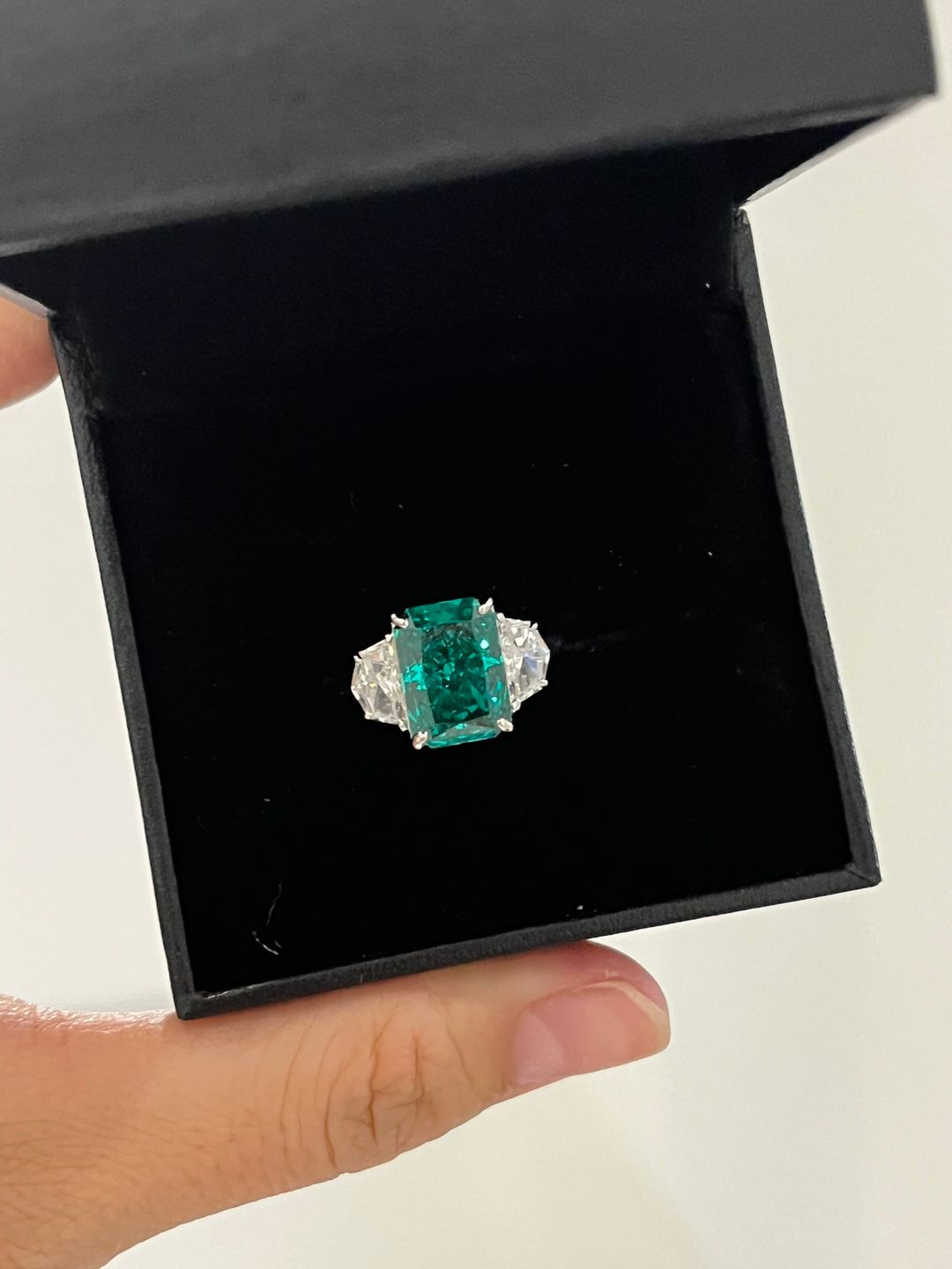 Customer photo review of S925 Paraiba Tourmaline 5 Ct Radiant Cut Three Stone Engagement Ring