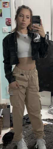Customer photo review of Solid Crop Pocket Patched Leather Jacket