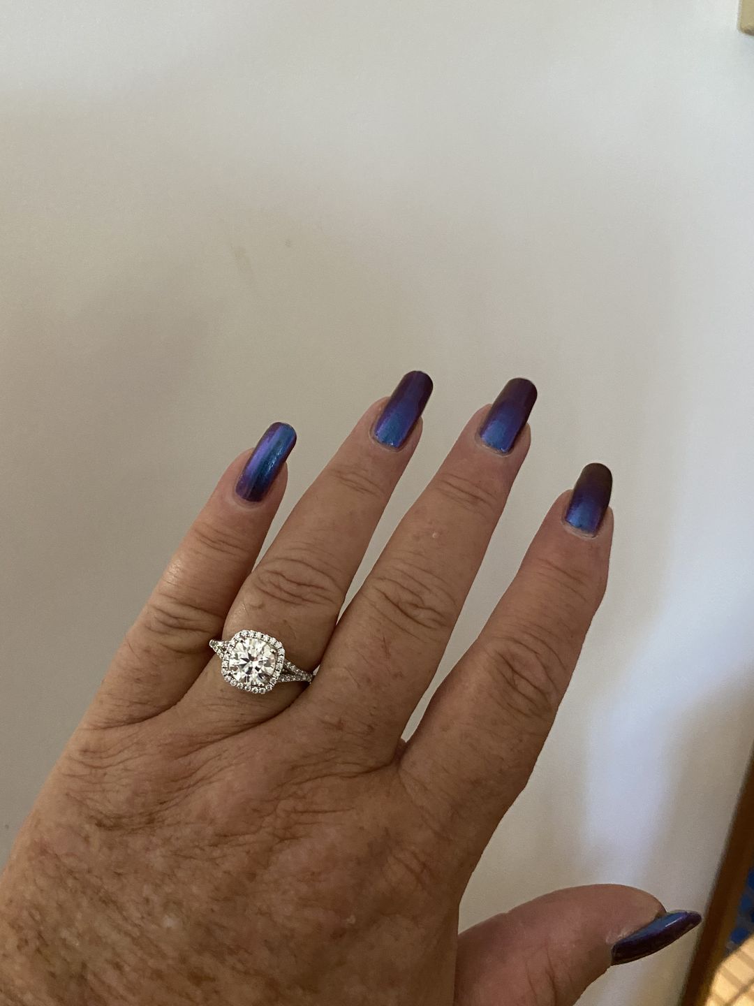 Customer photo review of Moissanite Split Shank Square Halo Pave Sterling Silver Wedding Ring