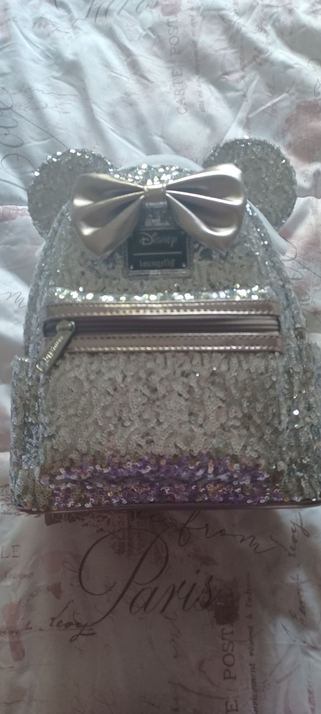 Customer photo review of 707 Street Exclusive - Disney Minnie Mouse Silver Sequin Mini Backpack - June Preorder