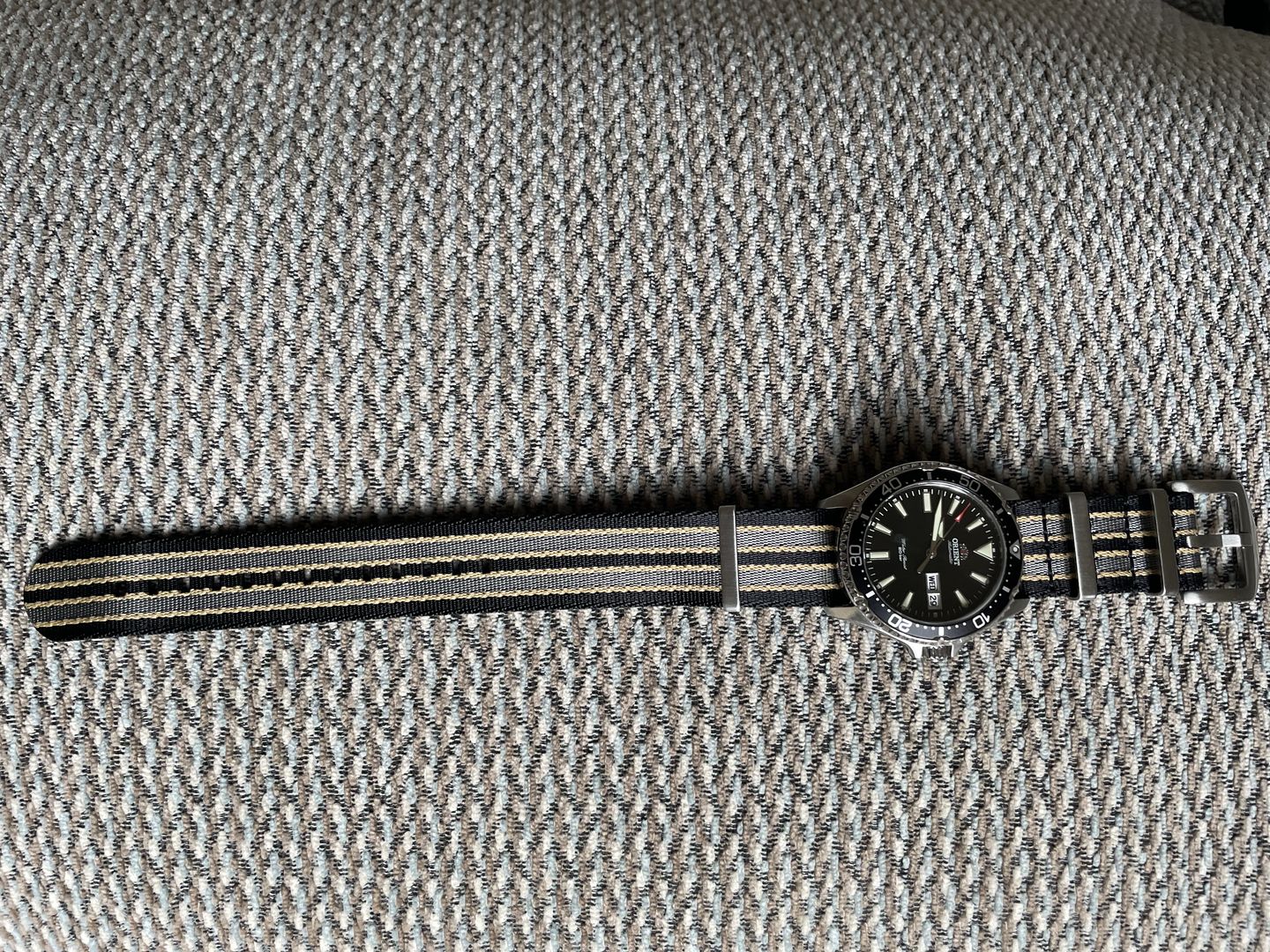 Customer photo review of Premium Woven NATO Watch Strap - Black, Grey and Beige (No Time To Die Strap)