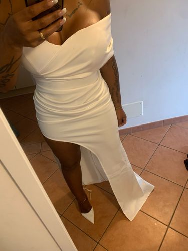 Customer photo review of White Ruched Detail Glamorous High Split Maxi Dress