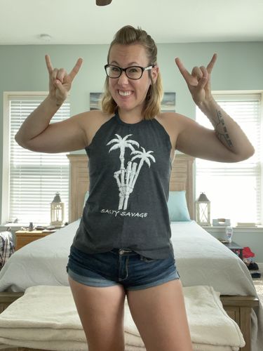 Customer photo review of Salty Savage Ladies Raw Cut High Neck Muscle Tank | Heather Charcoal