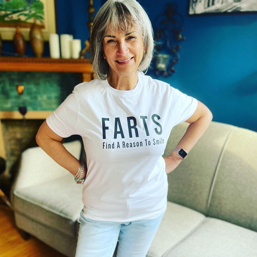 Customer photo review of FARTS Find A Reason To Smile™ Signature Grey T-shirt
