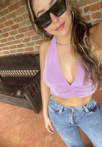 Customer photo review of Deep v neck halter ruched backless crop top