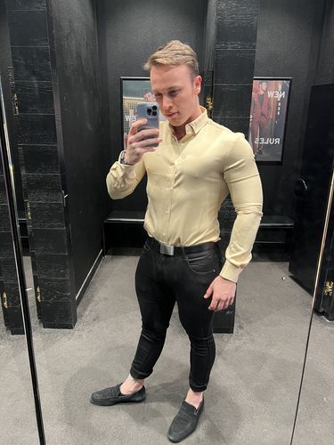 Customer photo review of KCC Men's Premium Ultra Stretch Jeans In Sand Beige