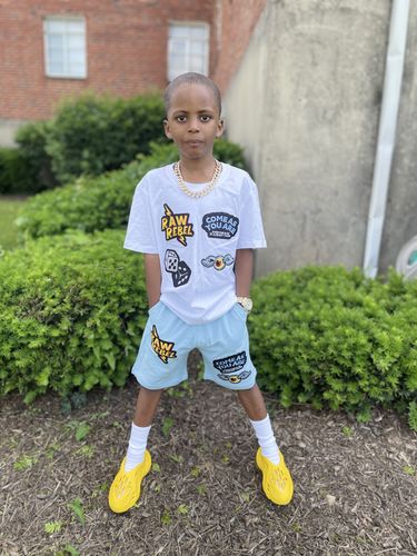 Customer photo review of Kids Collage Patch Crew Neck and Cotton Shorts Set - White Tees / Light Blue Shorts