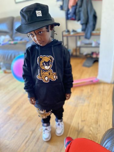 Customer photo review of Kids Pleasure Teddy RAW Drip White Chenille Hoodie and Jogger Set - Black Hoodie / Black Jogger