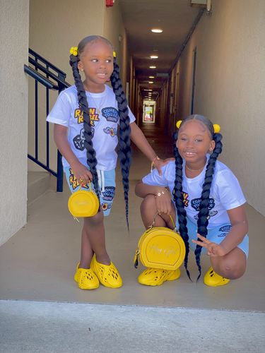 Customer photo review of Kids Collage Patch Crew Neck and Cotton Shorts Set - White Tees / Light Blue Shorts