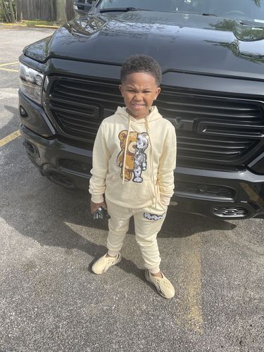 Customer photo review of Kids Teddy Robot Chenille Hoodie and RAW Drip White Chenille Jogger Set - Cream Hoodie / Cream Jogger
