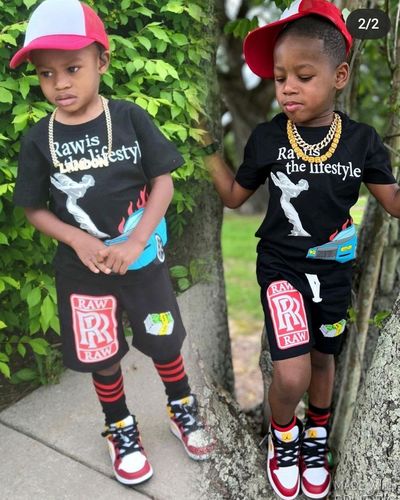 Customer photo review of Kids RR Puff Print Crew Neck and Cotton Shorts Set - Black Tees / Black Shorts