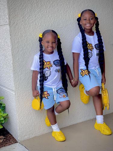 Customer photo review of Kids Collage Patch Crew Neck and Cotton Shorts Set - White Tees / Light Blue Shorts