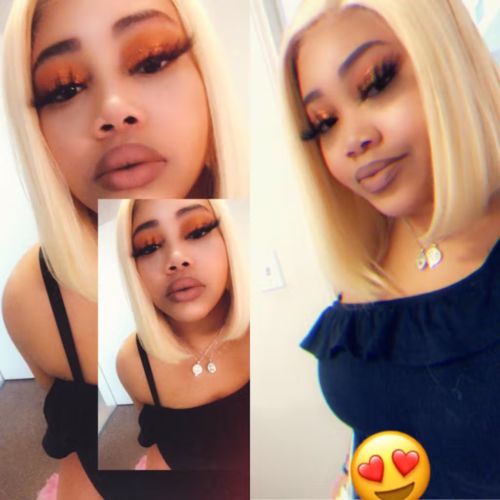 Customer photo review of 613 Blonde Bob Wig Pre Plucked 13x4 Lace Front Human Hair Wigs Straight Colored Wigs