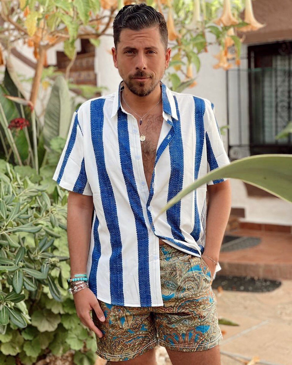 Customer photo review of Men's Vintage Blue  Vertical Striped Casual Short Sleeve Shirt