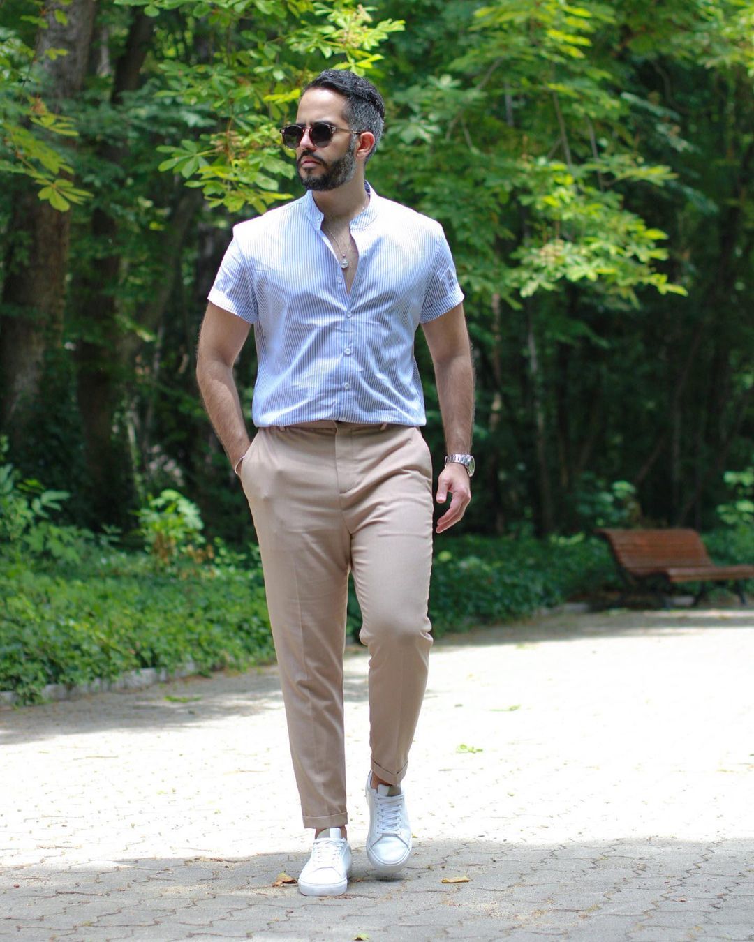 Customer photo review of Men's Breathable Cotton Stand Collar Short Sleeve Striped Classic Shirts