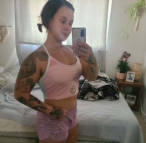 Customer photo review of Salty Savage™ Ladies OG Spliced Smile Cami Crop Tank Top | Rainbow Cloud Tie Dye